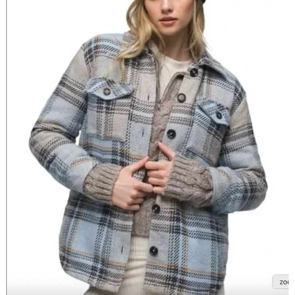Prana Womens Lower Falls Flannel Jacket Shacket Blue Grey Medium